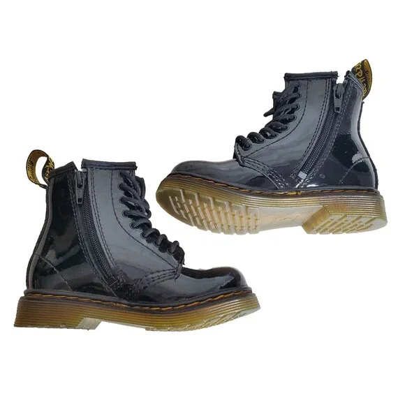Dr. Martens 1460 T Black Lace Up Zip Patent Leather Combat Boots Toddler Size 8 - Picture 5 of 12